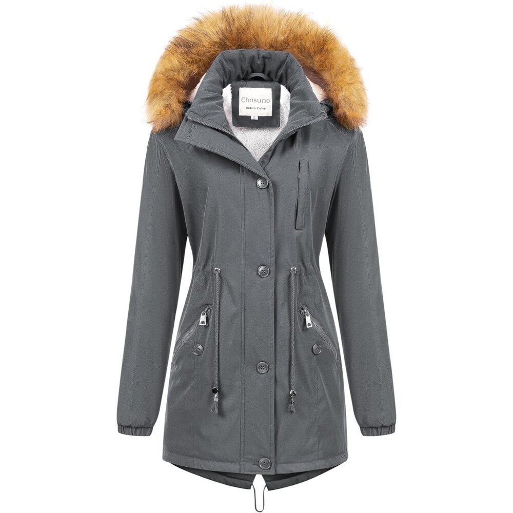 Women's Grey Insulated Jacket Soft Fleece Snow Faux Fur Coat